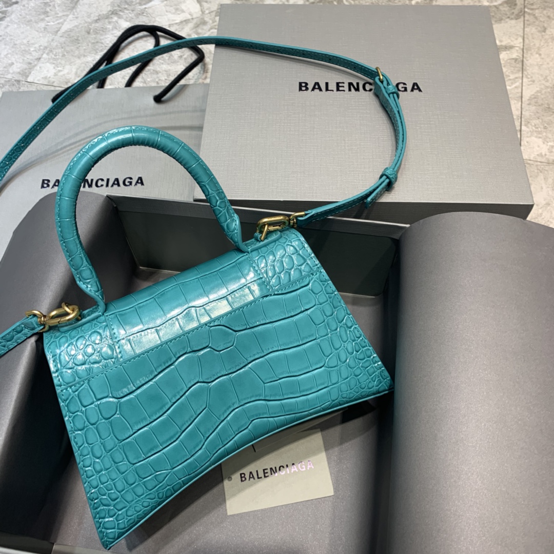 Balenciaga Hourglass Small Handbag Crocodile Embossed Shoulder Bag Green Blue